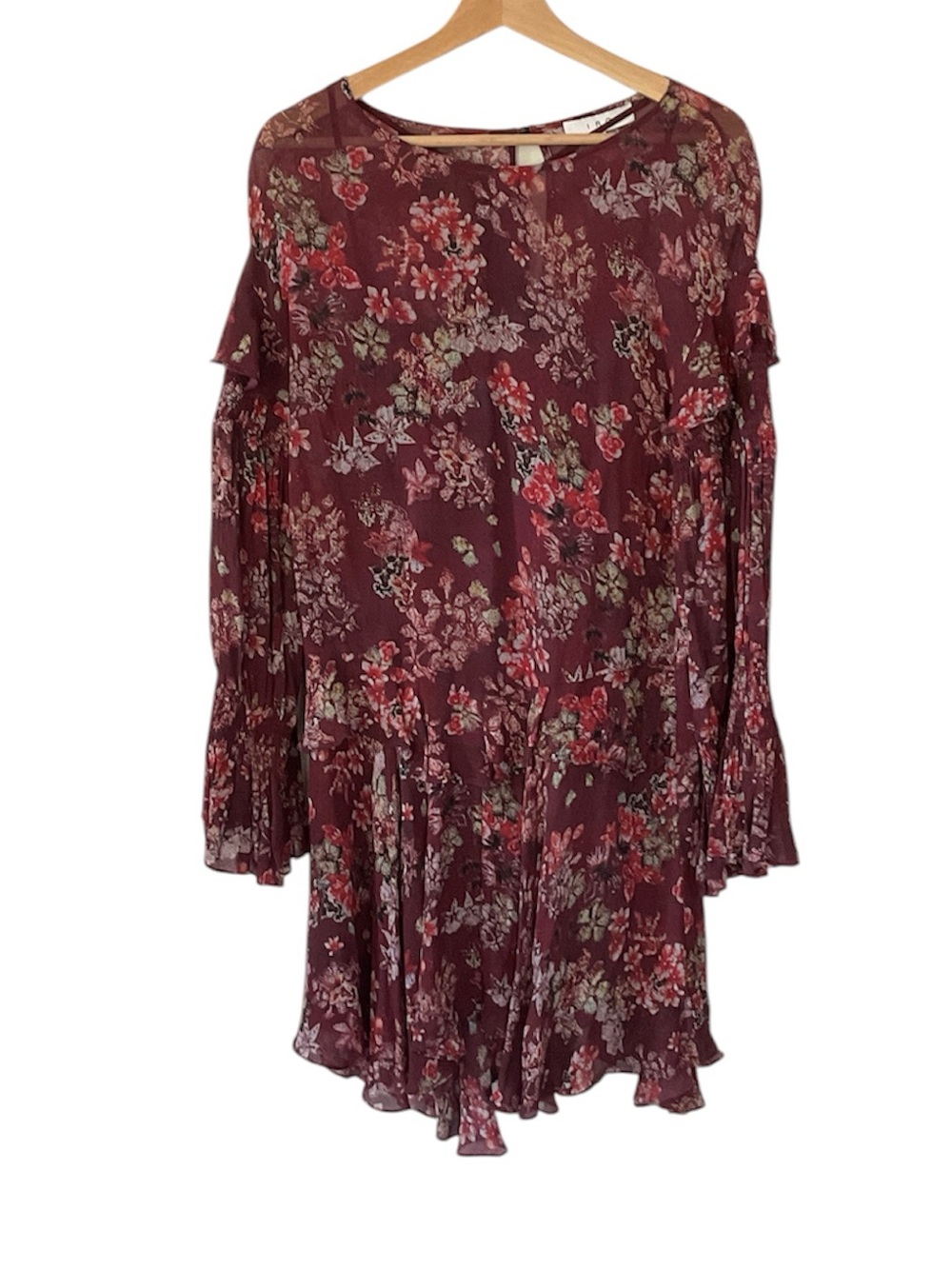 IRO Averen Burgundy Floral Sheer Midi Dress with Ruffled Bell Sleeves, 38